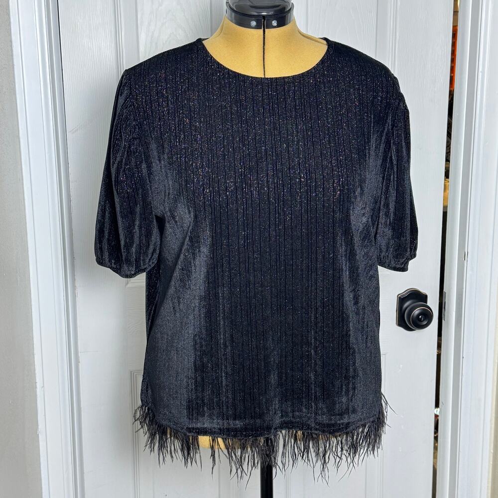 Sterling Kreek Velvet Feather Trim Top Metallic Ribbed Puff Sleeve Party
